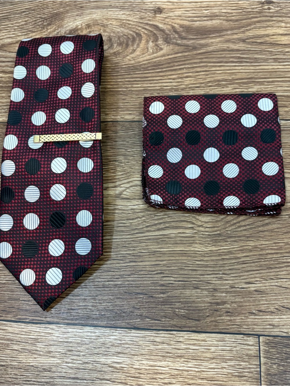 Y2K Burgundy Polka Dot Tie Set Retro Wide Formal Wedding Pocket Square